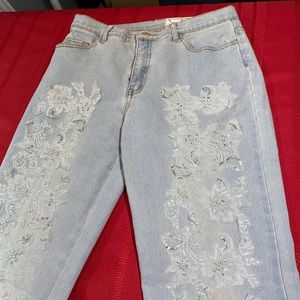 Women jeans size 4 lace broidery sequins light blue